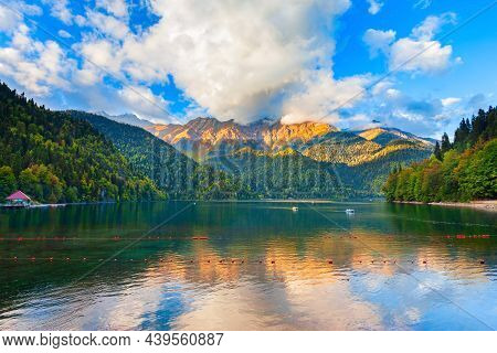 Lake Ritsa Panoramic View At Sunset. Lake Ritsa Is A Lake In The Caucasus Mountains In Abkhazia Regi