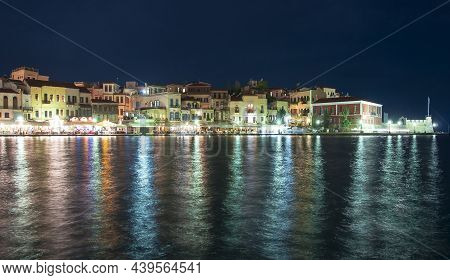 Chania, Crete, Greece - September 2018: Houses Along Chania Sea Promenade At Night