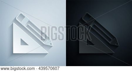 Paper Cut Triangular Ruler And Pencil Icon Isolated On Grey And Black Background. Straightedge Symbo