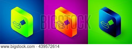 Isometric Lip Augmentation Icon Isolated On Blue, Purple And Green Background. Hyaluronic Acid Lips 