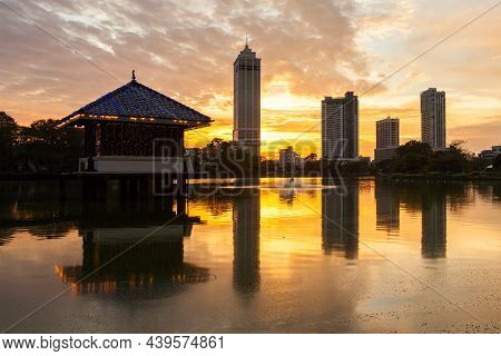 Beira Lake And Colombo City Skyline View At Sunset. Beira Lake Is A Lake In The Center Of The Colomb