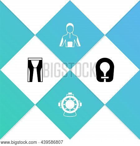 Set Wetsuit For Scuba Diving, Aqualung, And Life Jacket Icon. Vector