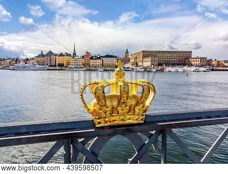 Stockholm Old Town (gamla Stan) Cityscape And Royal Crown, Sweden