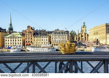Stockholm Old Town (gamla Stan) Cityscape And Royal Crown, Sweden