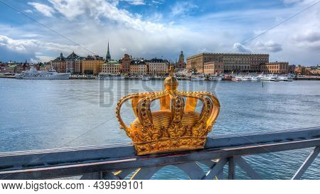 Stockholm Old Town (gamla Stan) Cityscape And Royal Crown, Sweden