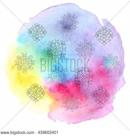 Colorful Rainbow watercolor abstract background with smooth gradient and graphic snowflakes