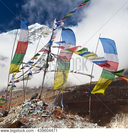 Buddhist Prayer Flags And Peak Seven 7 Vii, Maklu Barun National Park, Nepal Himalayas Mountains