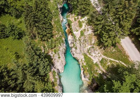 Aerial Drone View Of Magical Turquoise Color Of Soca River, Slovenia