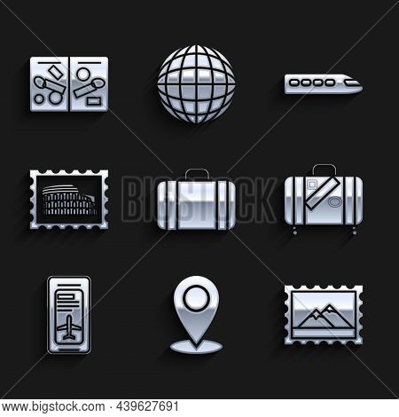 Set Suitcase For Travel, Map Pin, Postal Stamp And Mountains, Stickers, Smartphone With Electronic B
