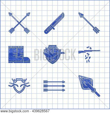 Set Flying Duck On Shield, Hipster Arrows, Tip, Gun Shooting, Deer Antlers, Hunter Boots, And Crosse