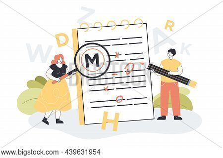 Tiny Woman Showing Grammar And Punctuation Errors Using Magnifier And Man Correcting Them. Editing A