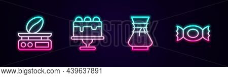 Set Line Electronic Coffee Scales, Cake, Pour Over Maker And Candy. Glowing Neon Icon. Vector