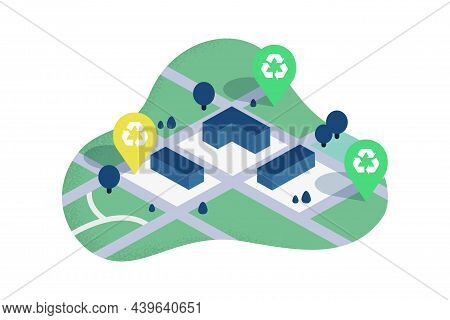Recycling Icon Pins Located On Top Of Flat Urban Background, Showing Waste Sorting Location Around T