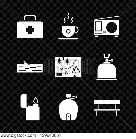 Set First Aid Kit, Coffee Cup, Radio With Antenna, Lighter, Canteen Water Bottle, Bench, Wooden Log 
