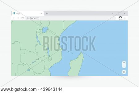 Browser Window With Map Of Comoros, Searching Comoros In Internet. Modern Browser Window Template.