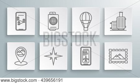 Set Line Map Pointer With Mountain, Smartphone Electronic Boarding Pass Airline, Postal Stamp And Mo