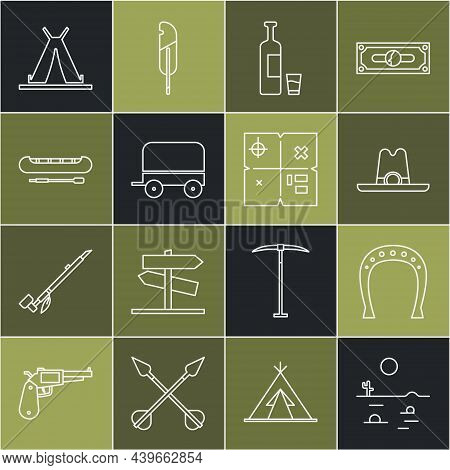 Set Line Desert Landscape With Cactus, Horseshoe, Western Cowboy Hat, Whiskey Bottle Glass, Wild Wes