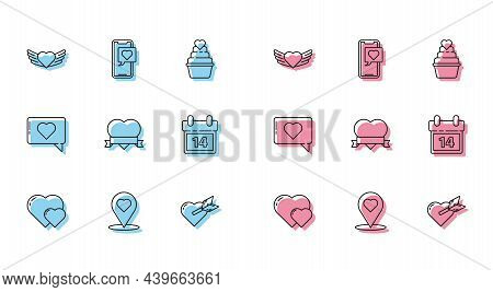 Set Line Heart, Map Pointer With Heart, Wings, Amour And Arrow, Ribbon, Calendar February 14, Like A
