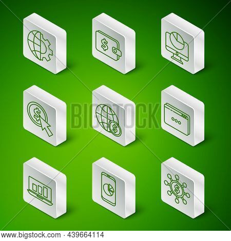 Set Line Dollar, Share, Network, Mobile Phone With Graph Chart, Globe Of The Earth And Gear, Globe D
