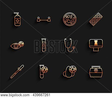 Set Line Pipette, Test Tube With Virus, Bottle Of Liquid Antibacterial Soap, Runny Nose And, First A