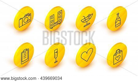 Set Line Shopping Bag With Heart, Heart, Glass Of Champagne, Clipboard Checklist, Champagne Bottle, 