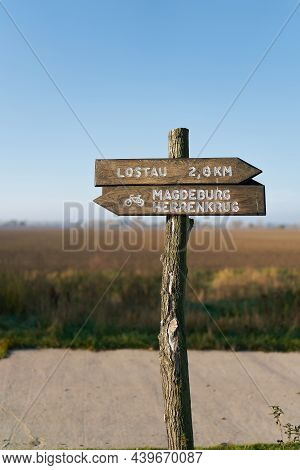 Signpost On The Popular Elbe Cycle Path Between The City Of Magdeburg And The Village Of Lostau In G