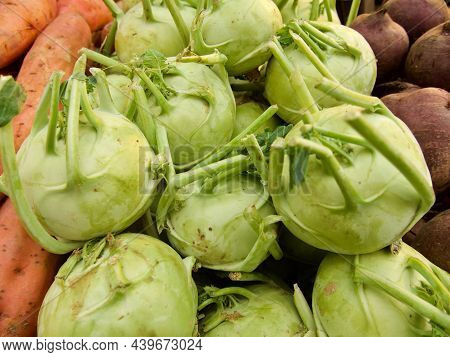 Fresh Kohlrabi Vegetable With Green Leave On White Backround