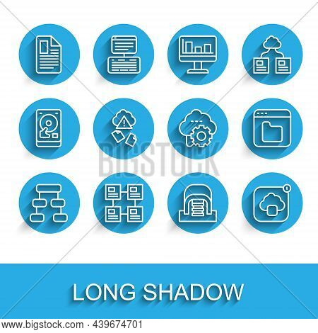Set Line Hierarchy Organogram Chart, File Document, Hangar With Servers, Cloud Technology Data Trans