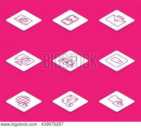 Set Line Video Camera Off On Laptop, Mobile, Briefcase, Computer, Online Working, Camera, And Time M