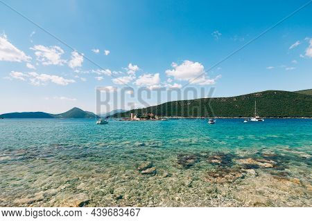 Otocic Gospa Island In The Kotor Bay With Mountains In The Background. Montenegro
