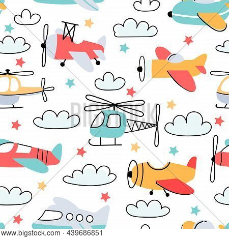 Seamless Pattern For Boy With Cartoon Kids Airplane And Helicopter. Nursery Wallpaper With Fly Plane