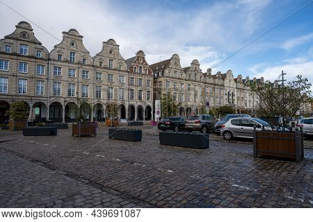 Arras, France - November 4, 2021: Town Square Of Arras, France. Unesco World Heritage Site. House Fa