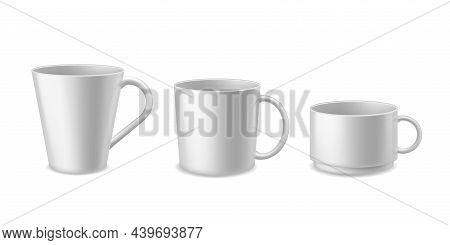Coffee Mugs. Realistic White Ceramic Mug Mockup For Espresso, Cappuccino And Tea. Different Forms Ut