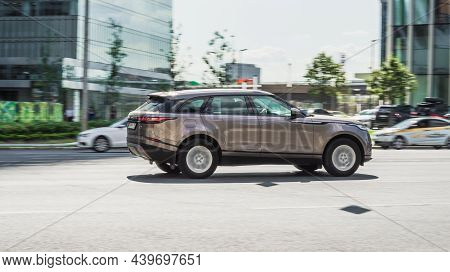 Range Rover Velar 2017 Model Suv On The City Road. Compliance With Speed Limits On The Streets. Mosc