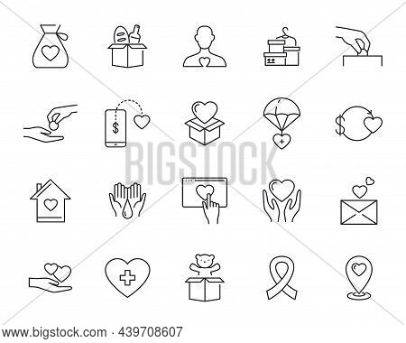 Charitable Help And Donations. Linear Icons On The Theme Of Charity. Volunteering And Helping The Po