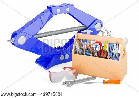 Screwjack With Toolbox. Service And Repair, Tire Fitting Of Car Concept. 3d Rendering Isolated On Wh