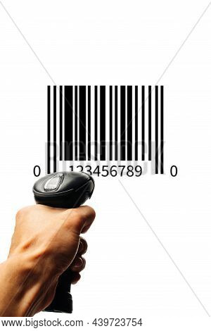 Bar Code. Retail Label Barcode Scan. Reader Laser Scanner For Warehouse Holding Hand. Product Code D