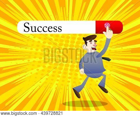 Virtual Search Bar With The Text Success. Cartoon Businessman Jumping Up To Touch A Search Icon. Suc