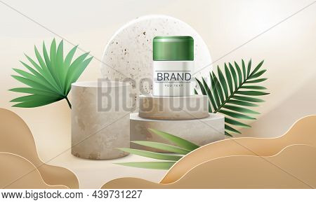 Cosmetic Ad. Realistic Banner With Nature Elements, Pedestal With Concrete Texture And Beauty Skin C