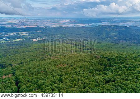 Aerial View Of Beautiful Landscape In Mountains With Forest. Sleza Mountain Near Wroclaw In Poland. 