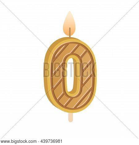 Birthday Candle Of 0 Number Shape For Birth Of Newborn. Glowing Flame Of Figure Null Wax Candlelight