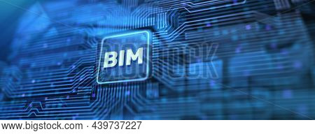 Bim Building Information Modeling Software System. Businessman Pressing Button On Screen