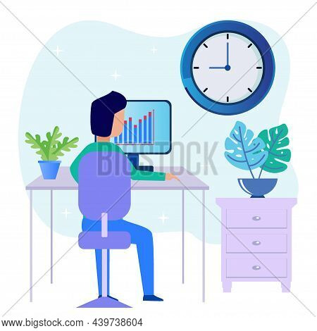 Modern Vector Illustration. The Young Man Is Sitting At The Table With The Computer. Work As An Exem