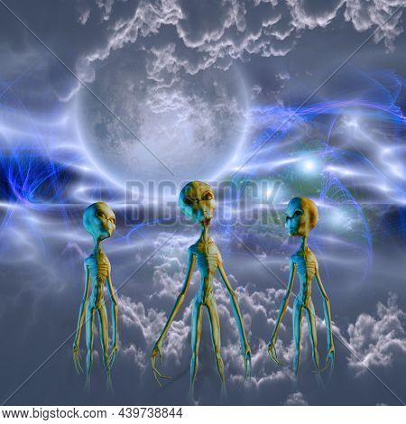 Alien beings. Sci-fi composition. 3D rendering.