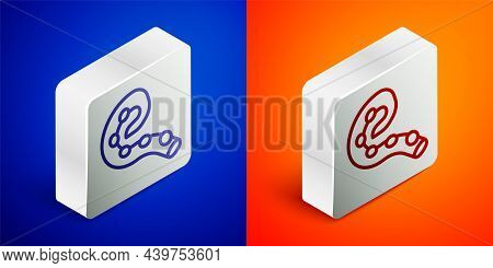 Isometric Line Octopus Of Tentacle Icon Isolated On Blue And Orange Background. Silver Square Button