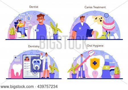 Dentist Concept Set. Dental Doctor In Uniform Treating Human Teeth