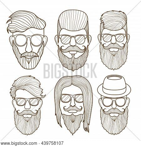 Linear Hipster Cool Male Faces Vector Illustration