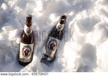 The Netherlands, November, 2021 Franziskaner Weissbier In The Snow,