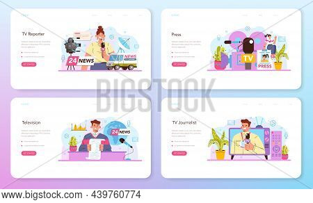 Tv Presenter Web Banner Or Landing Page Set. Television Host In A Studio