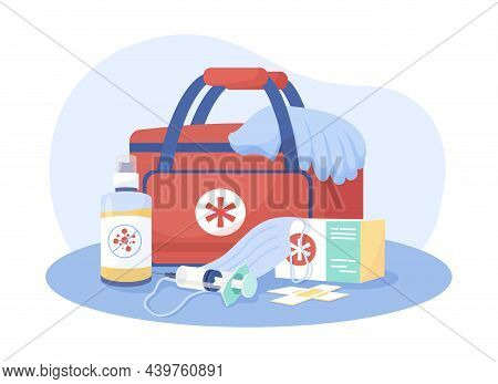 First Aid Kit 2d Vector Isolated Illustration. Paramedic Bag. Doctor Supplies. Medical Help Equipmen